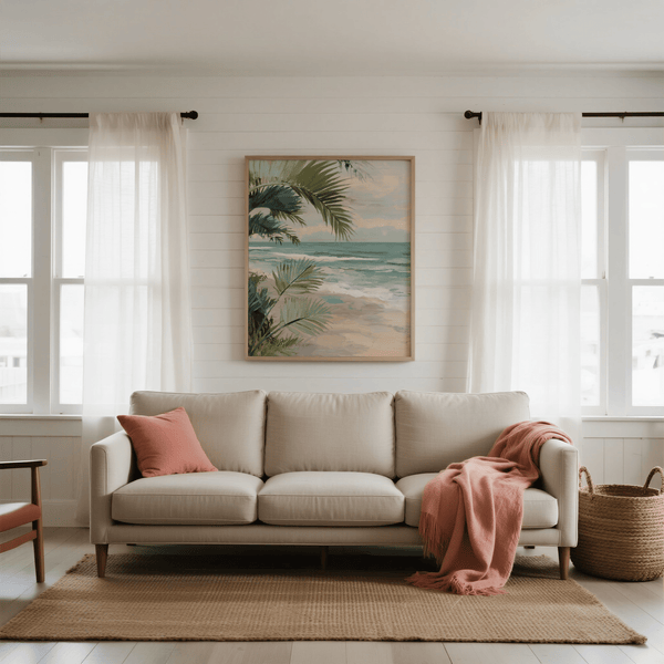 Tropical Beach Art print, blue ocean scene for bathroom wall