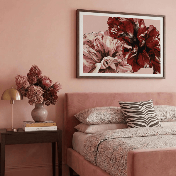 Minimal interior scene displaying Pink Floral Print in office space