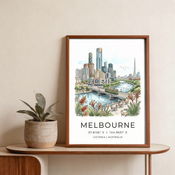 Cityscape wall art of Melbourne with bridge, tram, and café tables