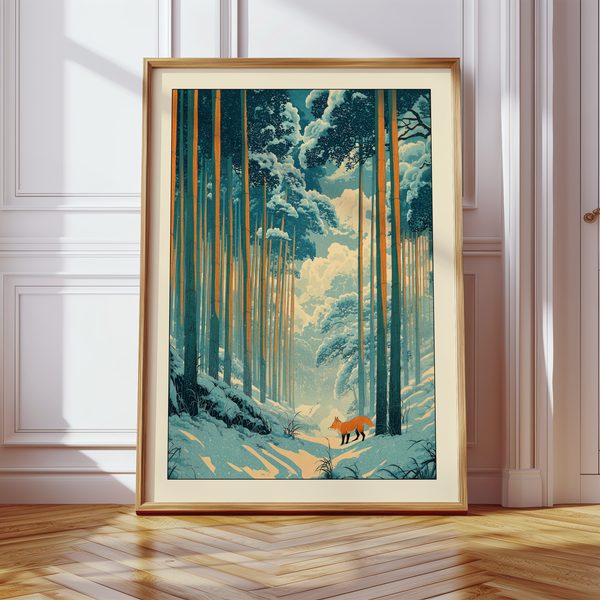 Vertical landscape poster showing fox in snow beneath bamboo grove