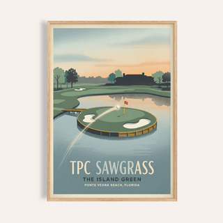 Vintage golf course poster print showing TPC Sawgrass island green with water and flag