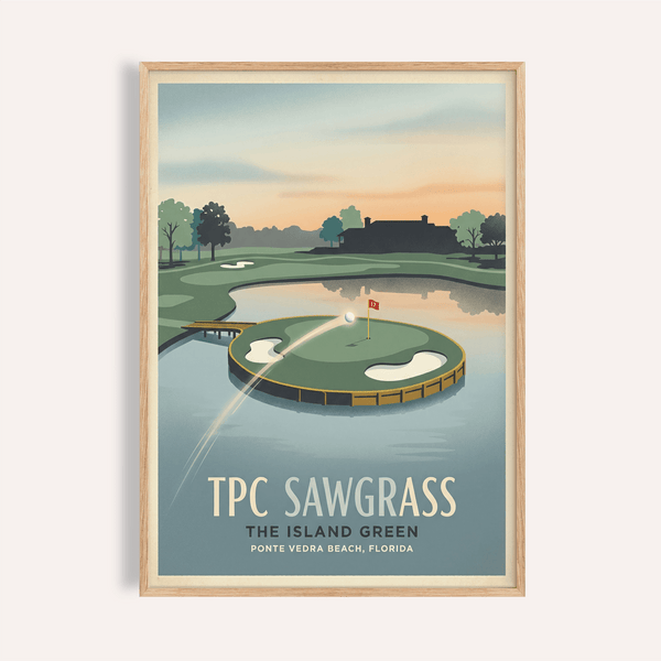 Vintage golf course poster print showing TPC Sawgrass island green with water and flag