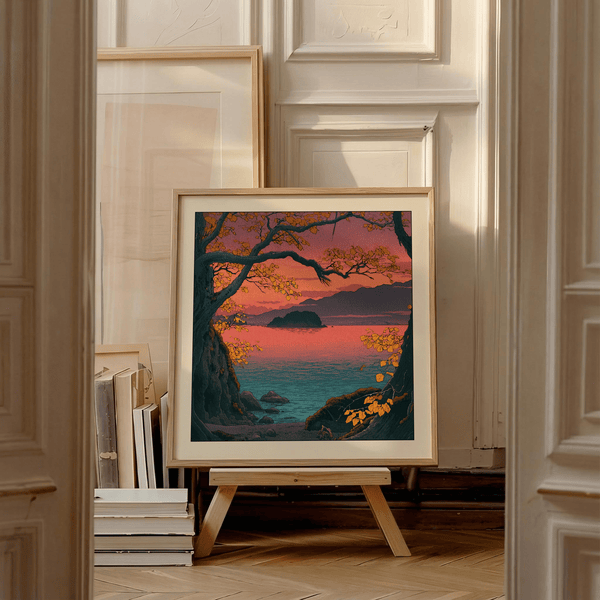 Interior view featuring Hasui Kawase autumn lake poster above console