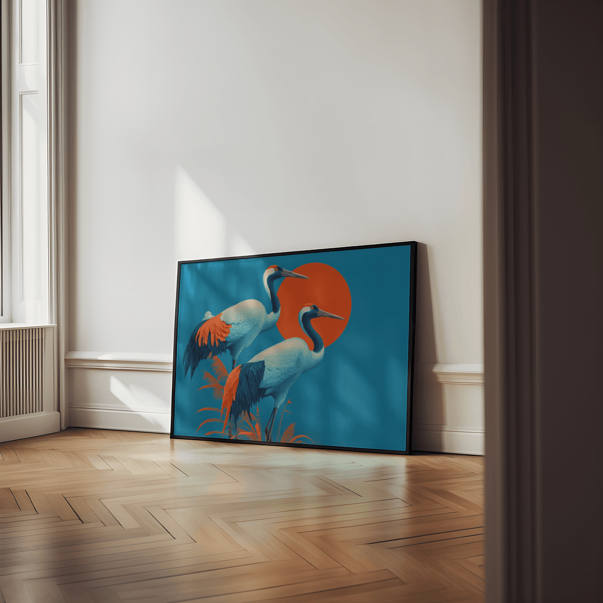 Cranes Artwork print with vibrant colors for bedroom wall art