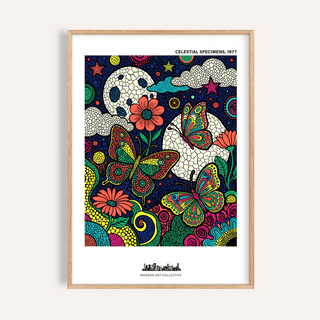 Front angle of Psychedelic Nature Poster showing two butterflies framed by moon circles