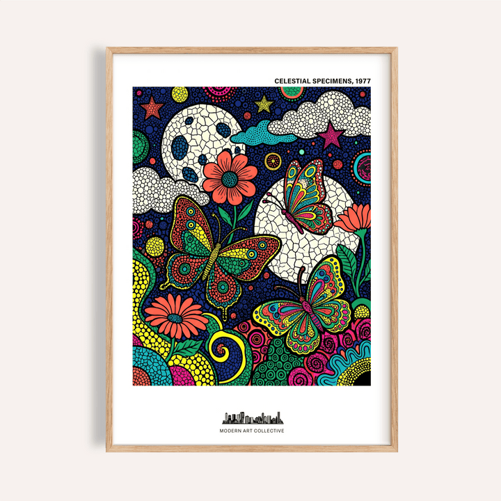 Front angle of Psychedelic Nature Poster showing two butterflies framed by moon circles