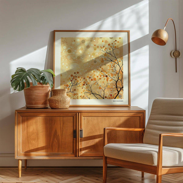 Modern family room wall decor showcasing soft golden hues and detailed branches