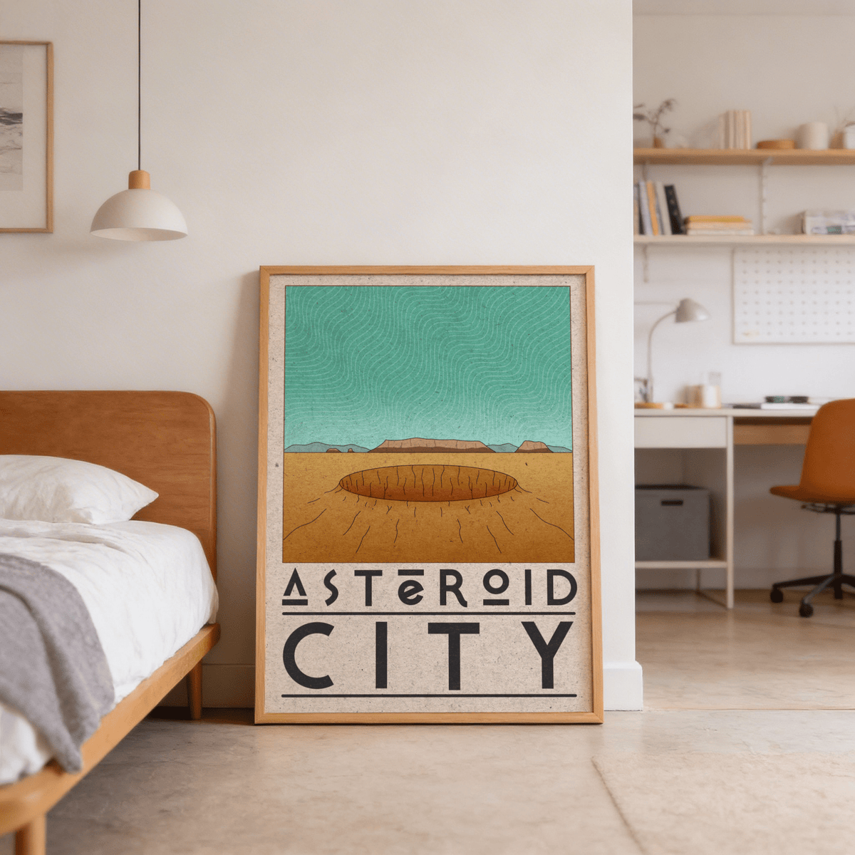 Illustrated desert crater wall art print with etched contour lines and distant mesas