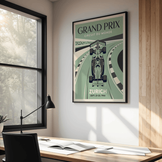 Vintage motorsport poster print showing Zurich race date and sweeping circuit