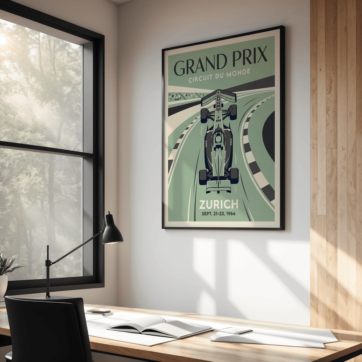 Vintage motorsport poster print showing Zurich race date and sweeping circuit