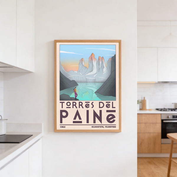 Wide composition of Torres Del Paine Art Print with central peaks and calm water