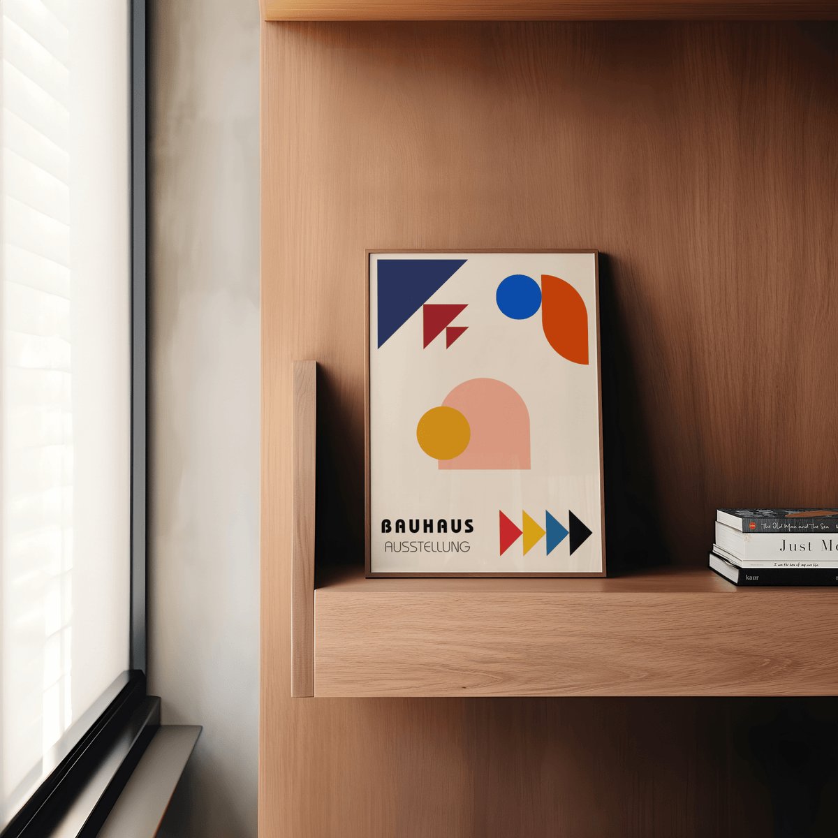 Abstract Geometric Art poster featuring Orange, Blue, and White for bedroom décor
