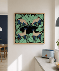 Full composition animal poster with mirrored deer around a dark central shape and berry-like dots