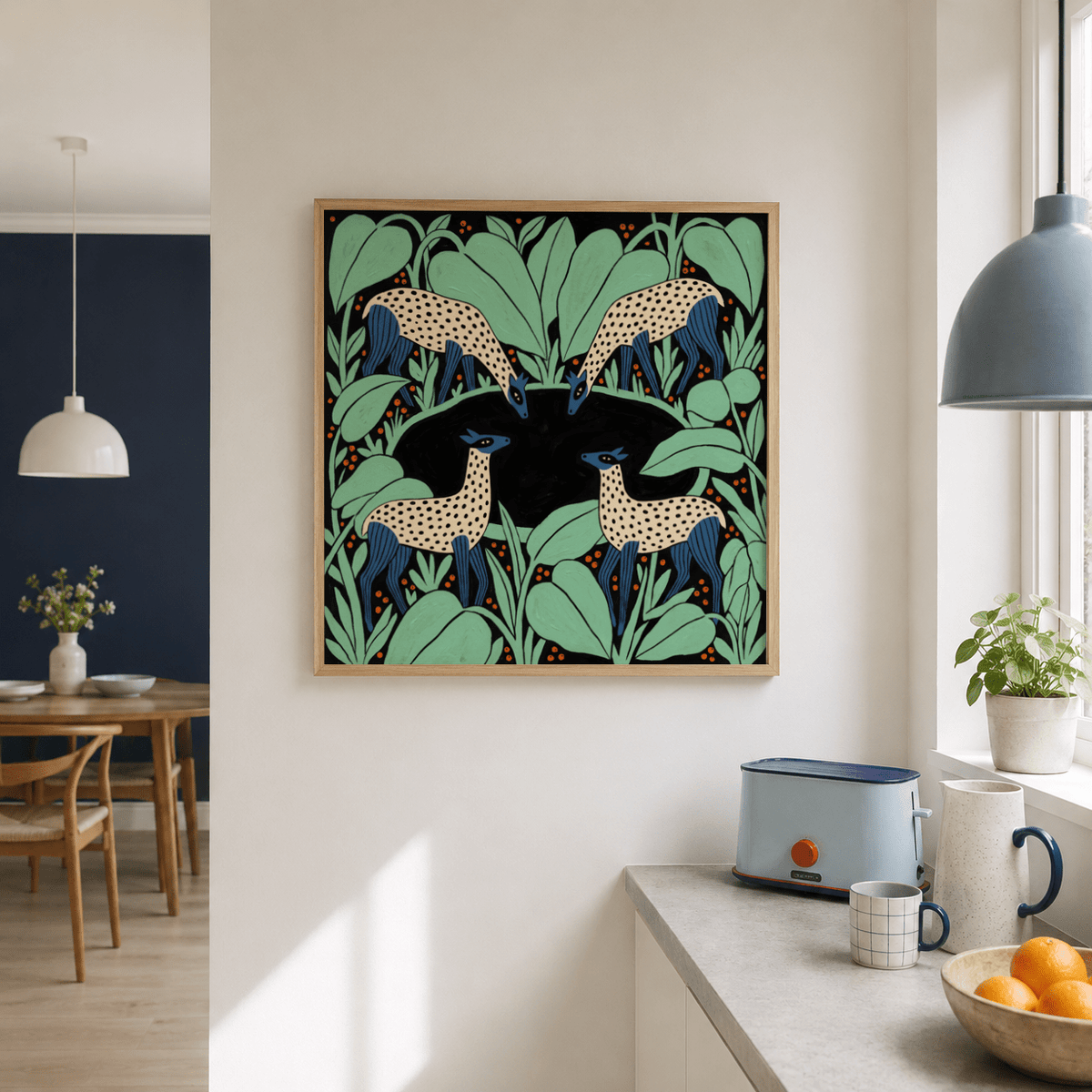 Full composition animal poster with mirrored deer around a dark central shape and berry-like dots