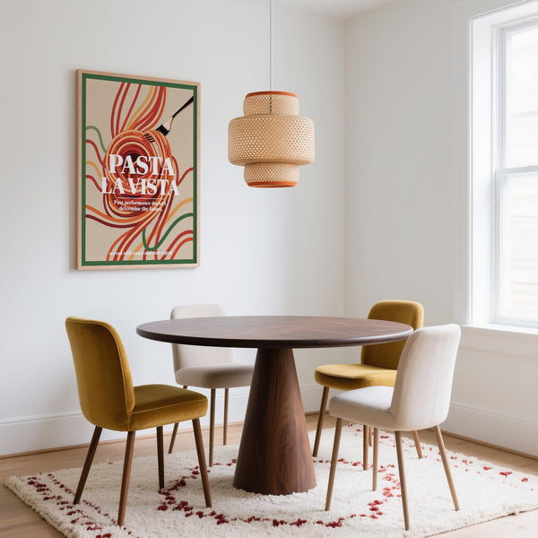 Typography-driven dining room prints with pasta and a clever quote.