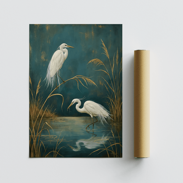 Egret Wall Art elegant egrets in blue and gold for bathroom wall art