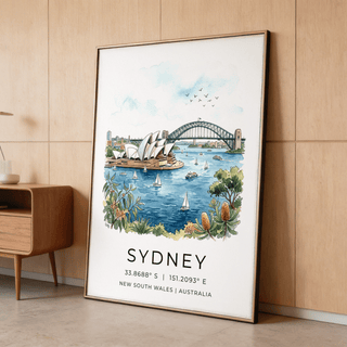 Sydney Watercolor Art Print framed in living room, multicolored coastal skyline