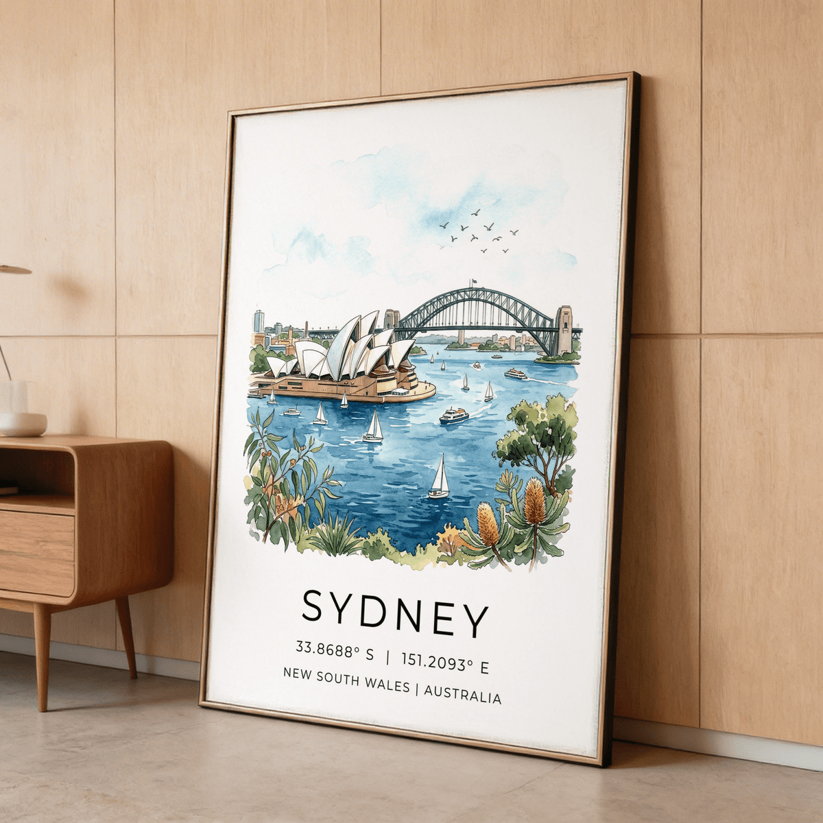 Sydney Watercolor Art Print framed in living room, multicolored coastal skyline