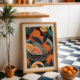 Modern bowl of oranges art print with sliced fruit and bold leaf forms.