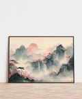 Tiger Mountain Wall Art, Black Ink with Pink blossom, living room print