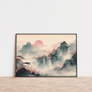 Tiger Mountain Wall Art, Black Ink with Pink blossom, living room print