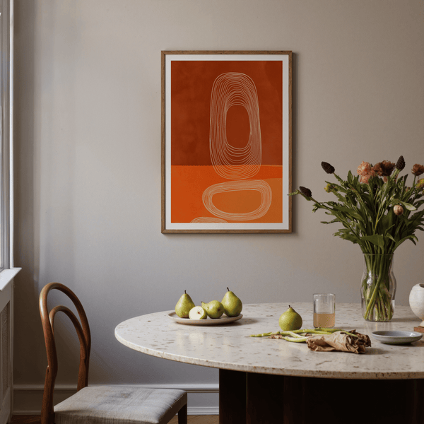 Modern graphic print highlighting concentric white oval loops