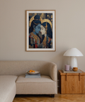 Intimate profile wall art print showing two figures in a mosaic pattern with ornate earrings and layered panels