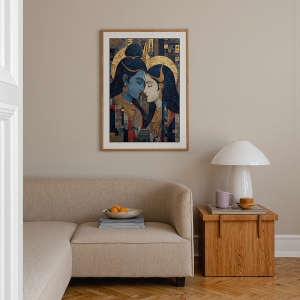 Intimate profile wall art print showing two figures in a mosaic pattern with ornate earrings and layered panels