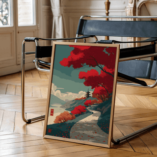 Close-up of Autumn Forest Wall Art print showing red tree canopy and layered hills