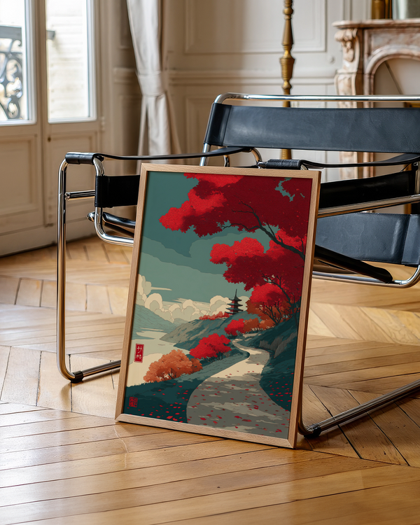 Close-up of Autumn Forest Wall Art print showing red tree canopy and layered hills