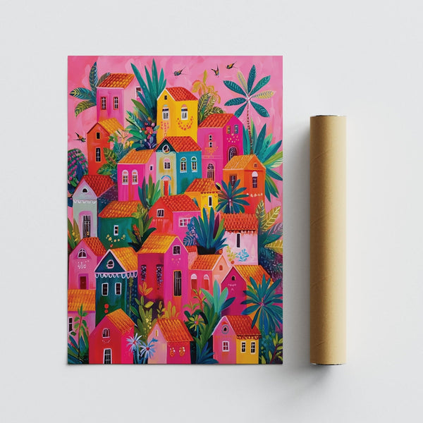 Mexican Village Painting flat lay beside mailing tube for wall decor.