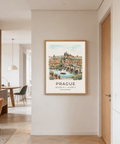 Hand-drawn Prague City Wall Art featuring rooftops, towers, and riverfront view