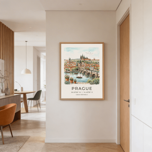 Hand-drawn Prague City Wall Art featuring rooftops, towers, and riverfront view
