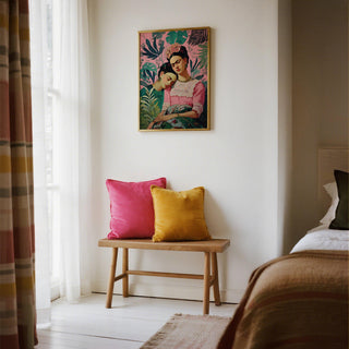 Frida Kahlo self portrait print featuring emotional connection and lush foliage.