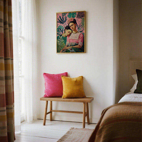 Frida Kahlo self portrait print featuring emotional connection and lush foliage.