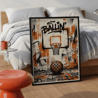 Typography driven hoop graphic with star accent above rim on textured wall