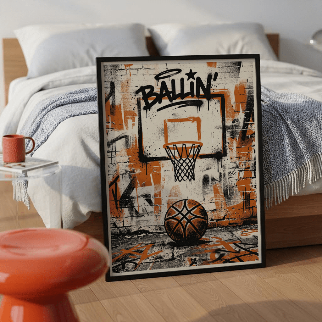 Typography driven hoop graphic with star accent above rim on textured wall
