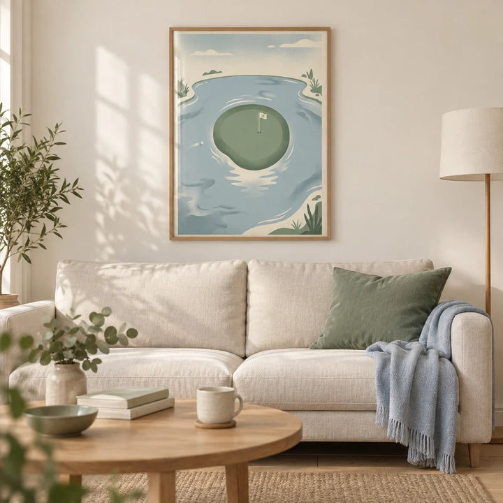 18th Hole Wall Art, framed on the wall of a calm Scandi living room in a UK first flat (25-35)