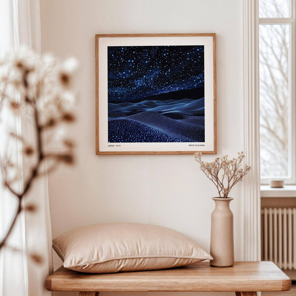 High-quality navy blue wall art print with glowing blue dots