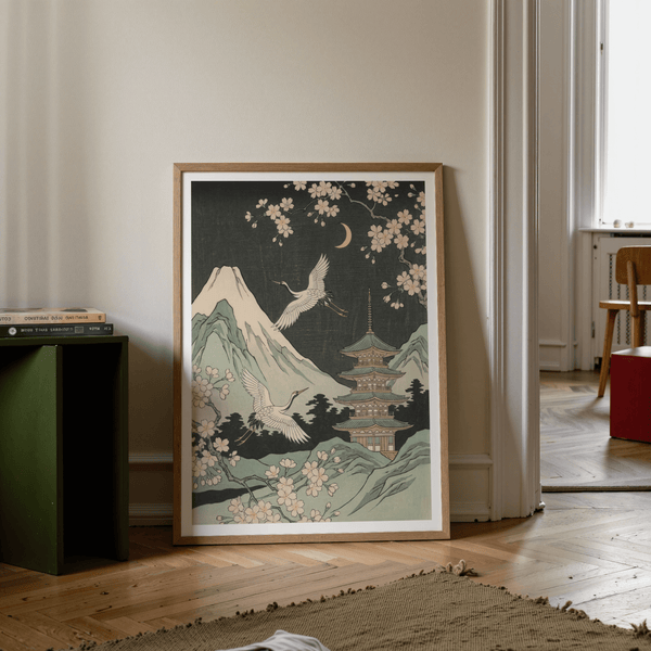 Crane Japanese Art art print featuring Green and Beige for dining area