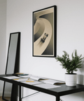 Stylized open-wheel car wall art print with broad S-curve track and soft gradient shading