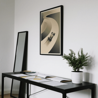 Stylized open-wheel car wall art print with broad S-curve track and soft gradient shading