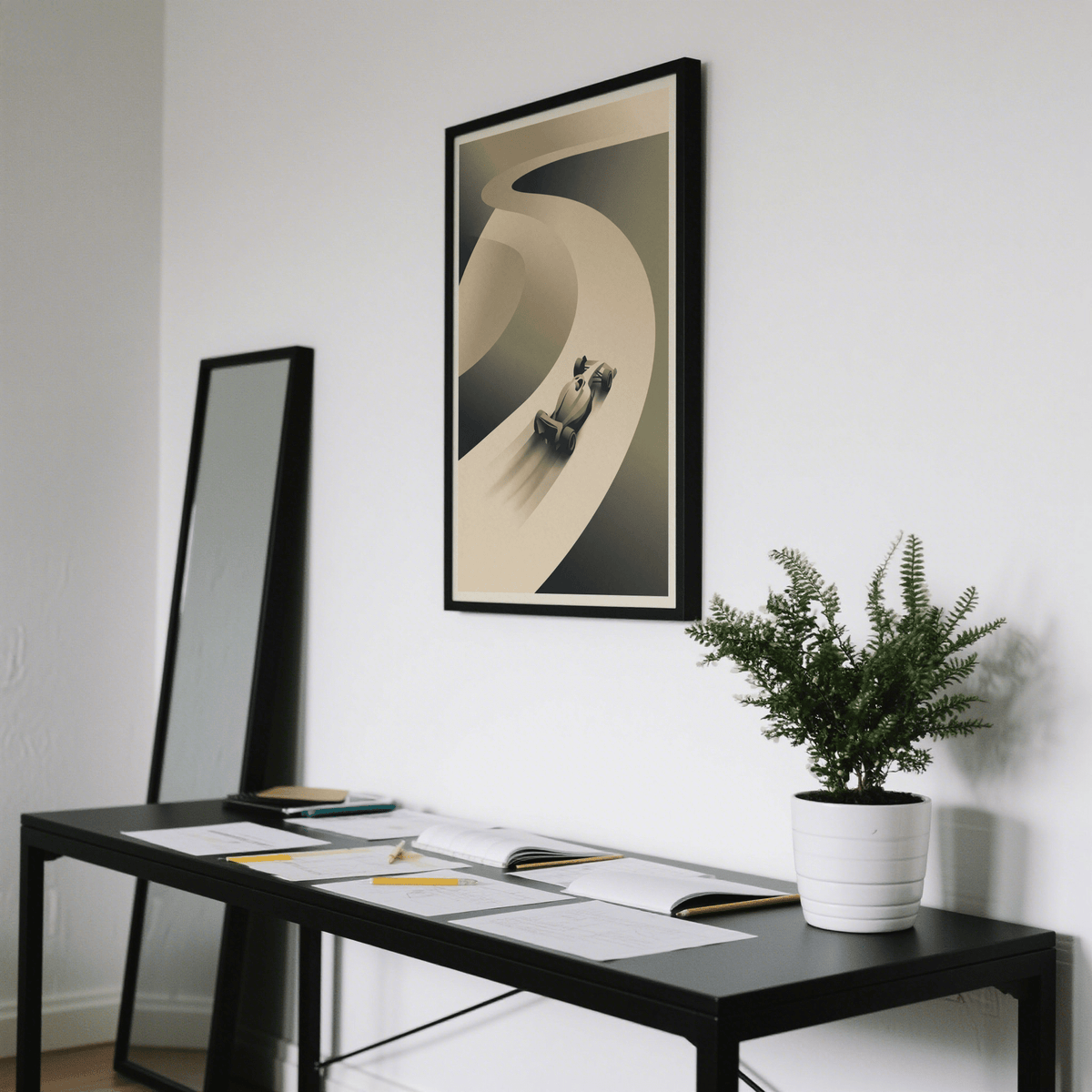Stylized open-wheel car wall art print with broad S-curve track and soft gradient shading