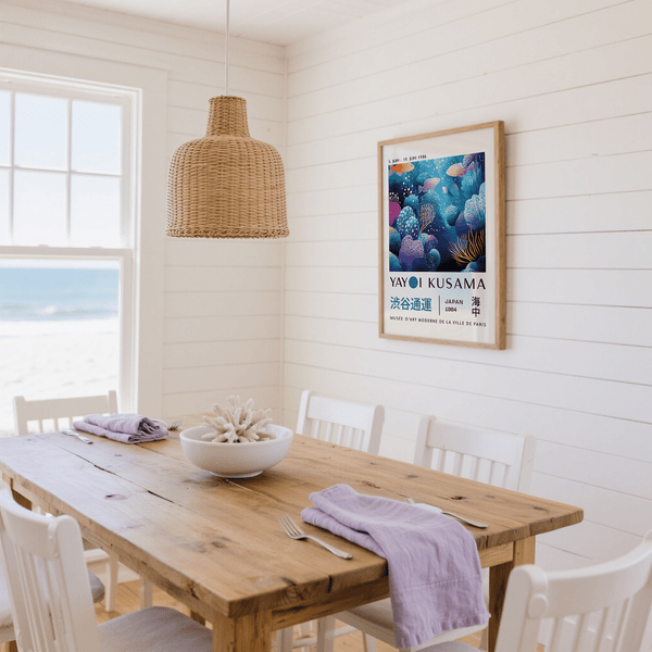 Living room styled with playful and modern fish artwork prints