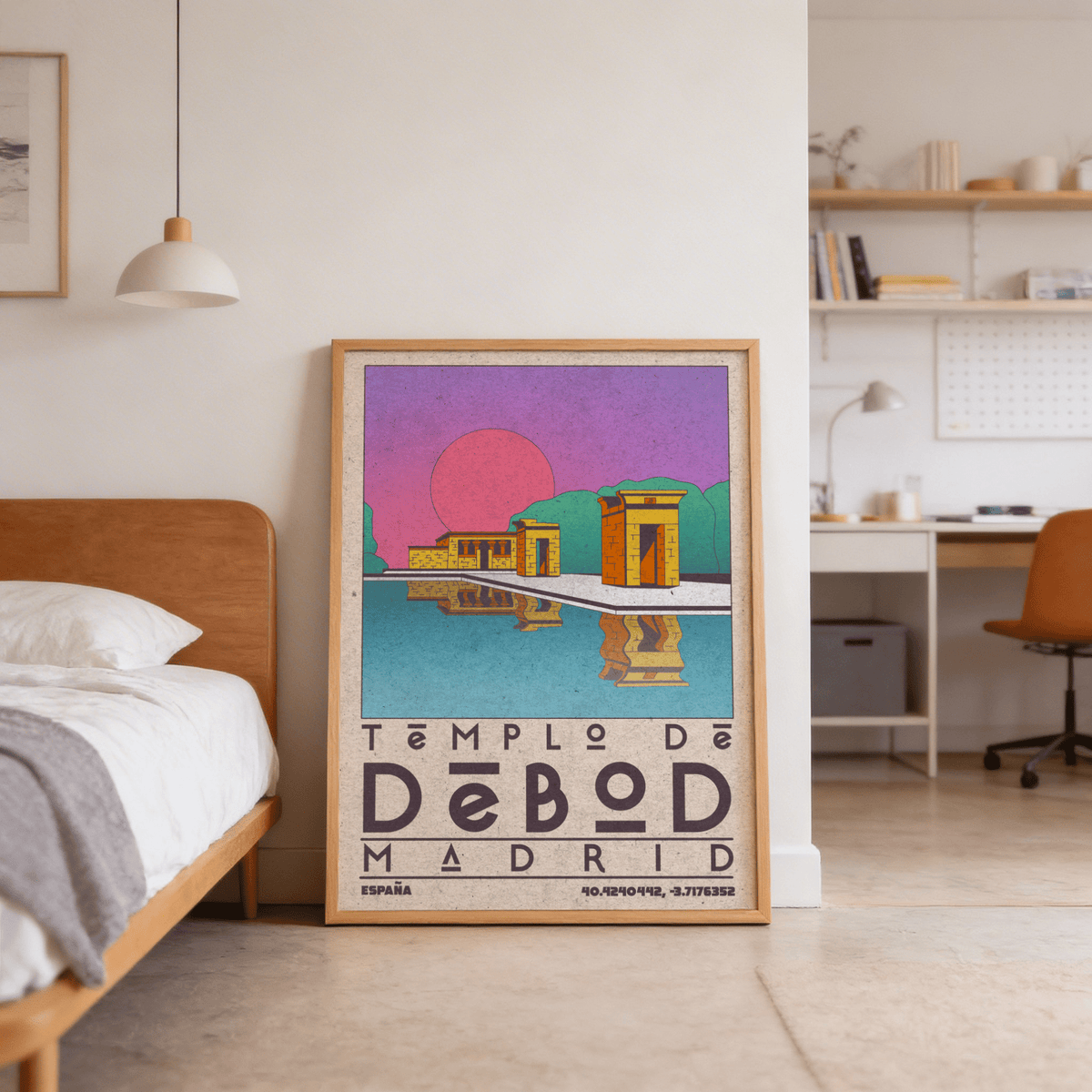 Minimalist landmark wall art print with temple façade and mirrored water
