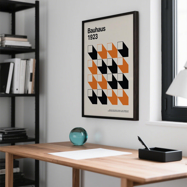 Graphic poster in black and orange, ideal artwork for office walls.