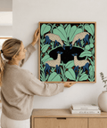 Illustrated deer wall art print featuring four spotted deer and dense botanical foliage