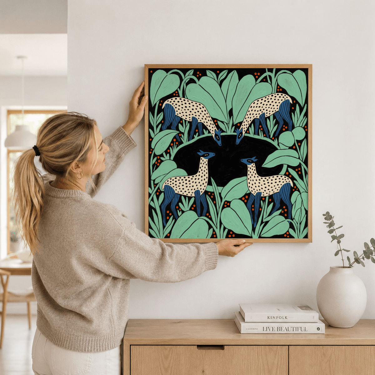 Illustrated deer wall art print featuring four spotted deer and dense botanical foliage