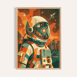 Framed close-up of Retro Astronaut Poster showing an astronaut in helmet with orange and green retro illustration style