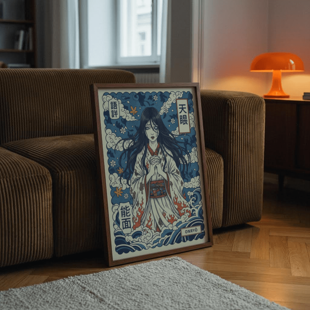Decorative folklore poster print with vertical Japanese text panels and floral motifs